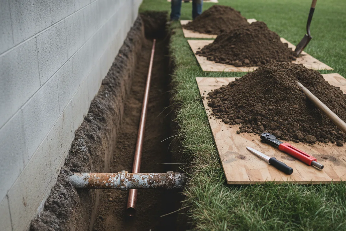 Excavated water line trench during Water Heater Repair in Hopkinton